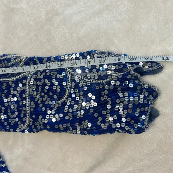 Vintage Blue Sequin Beaded Silk Dress Art Deco Midi Party Formal - Picture 10 of 16